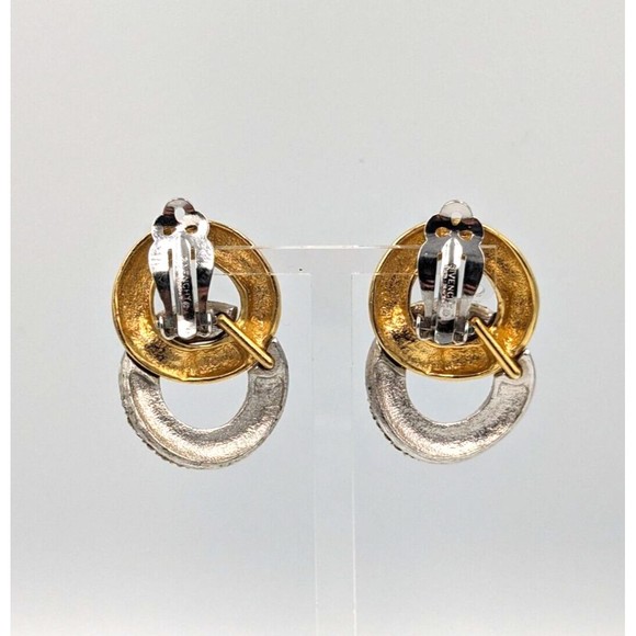 Vintage Givenchy Gold-Silver Tone Rhinestone Interlocking Links Clip On Earrings - Picture 5 of 9